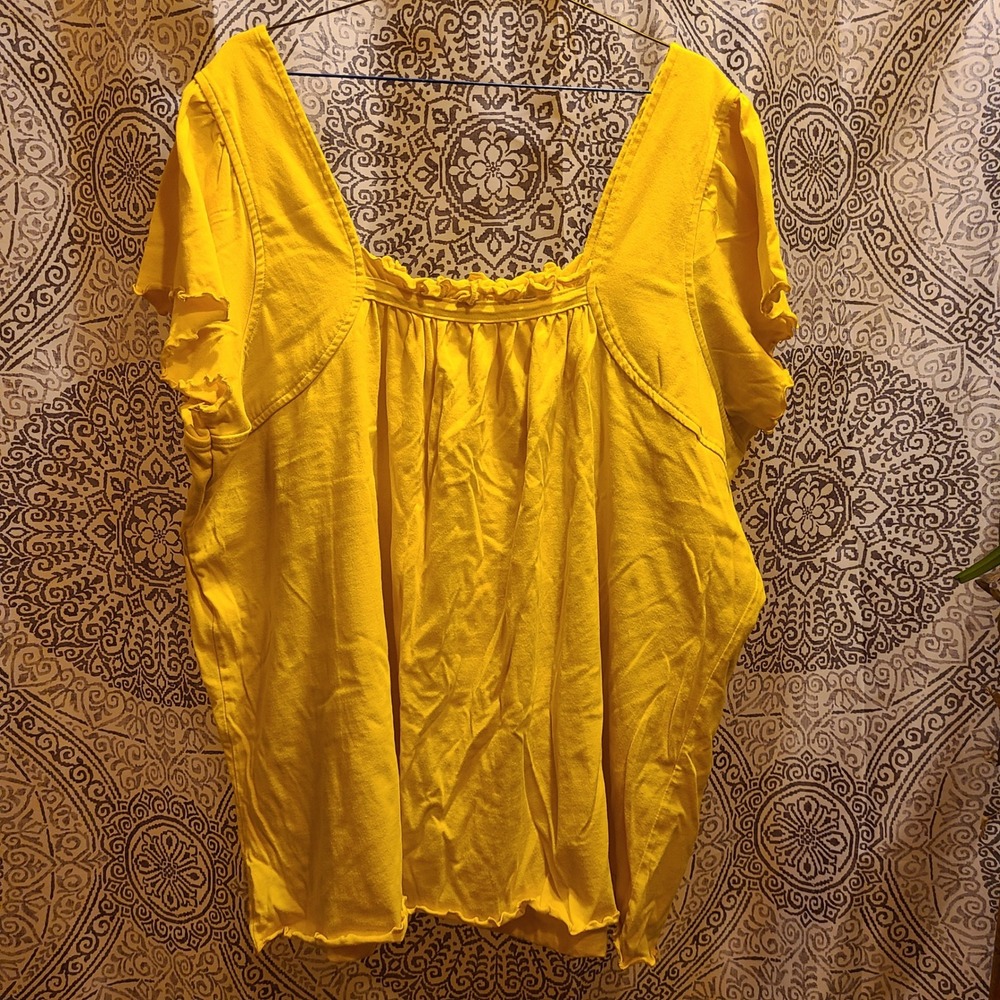 Roaman's Jersey Knit Top Women 2X Yellow Lettuce Leaf Hem Ruffle‎ Square Neck